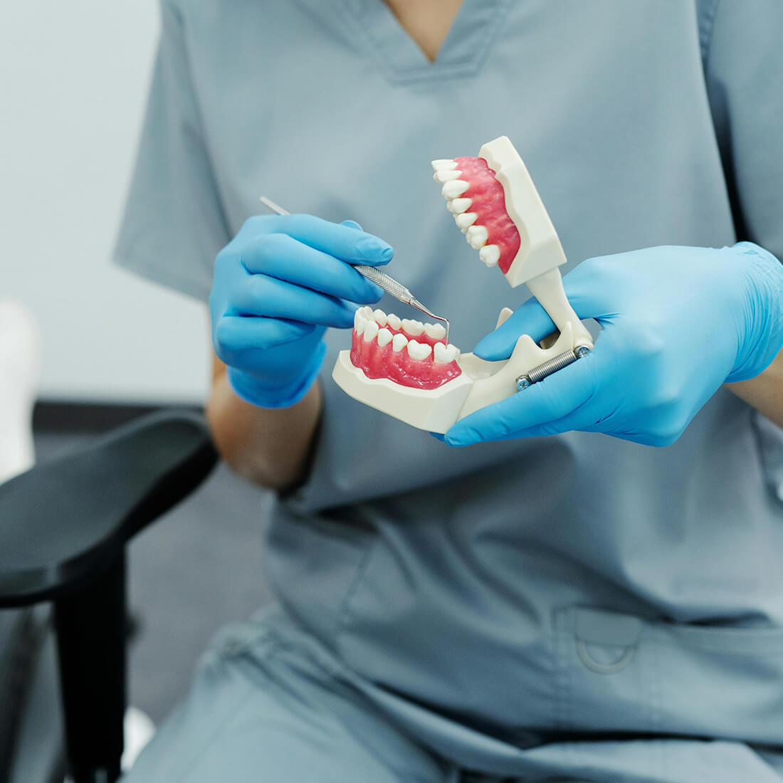 Tandläkare visar tandmodell vid konsultation om tandimplantat